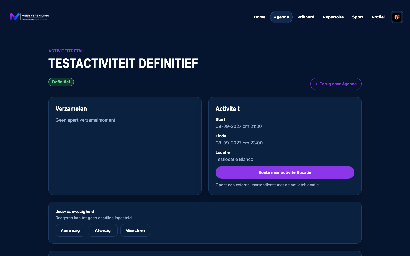 Detailweergave van een activiteit in de Agenda, met verzamelinfo, start- en eindtijd, locatie en aanwezigheidsknoppen.