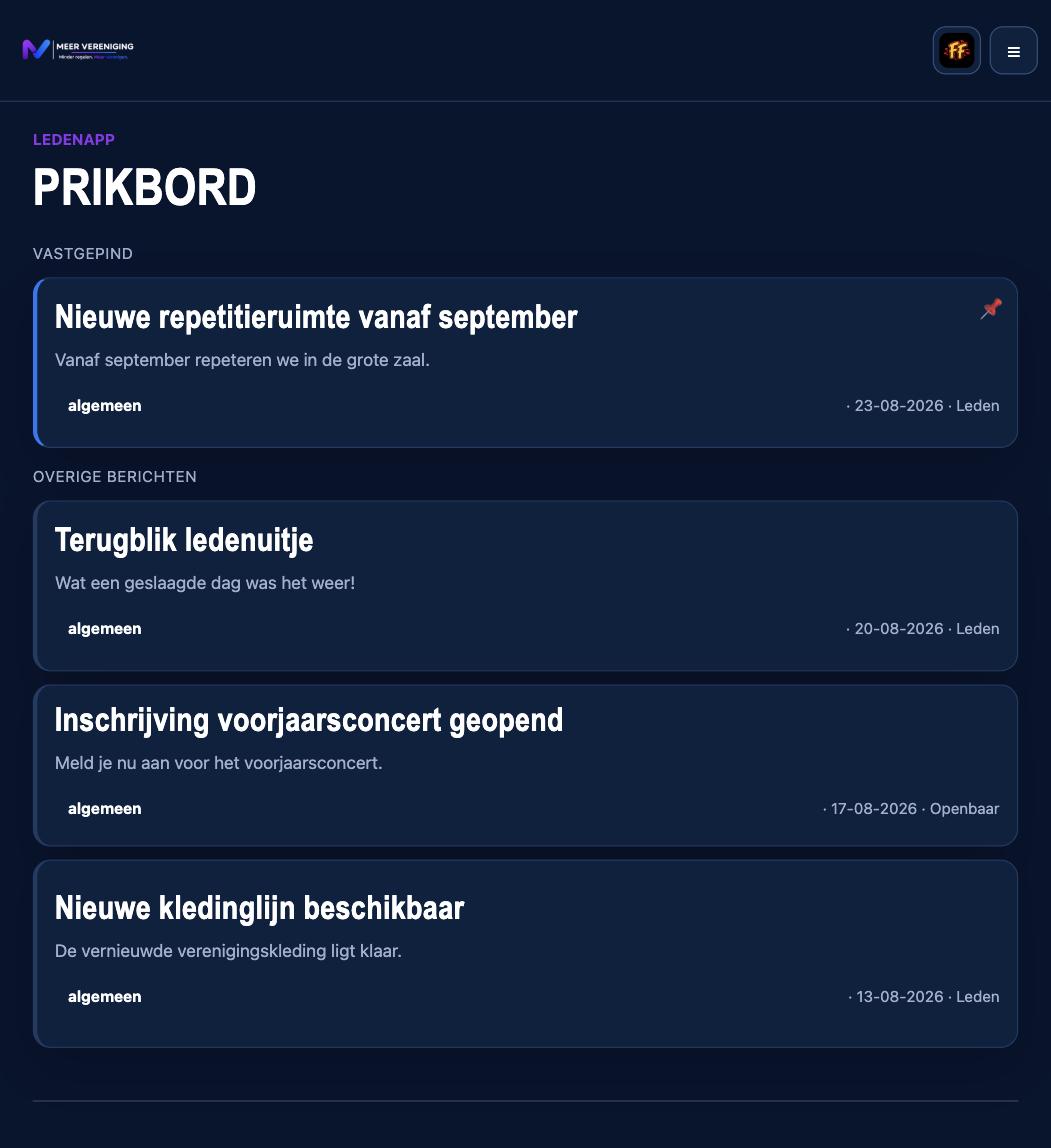 Prikbord met een vastgepind bericht en een overzicht van recente berichten voor leden.